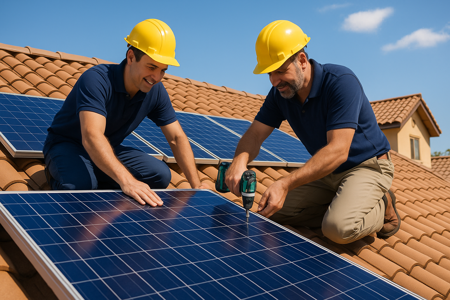 Tecnici installano pannelli solari su un tetto
